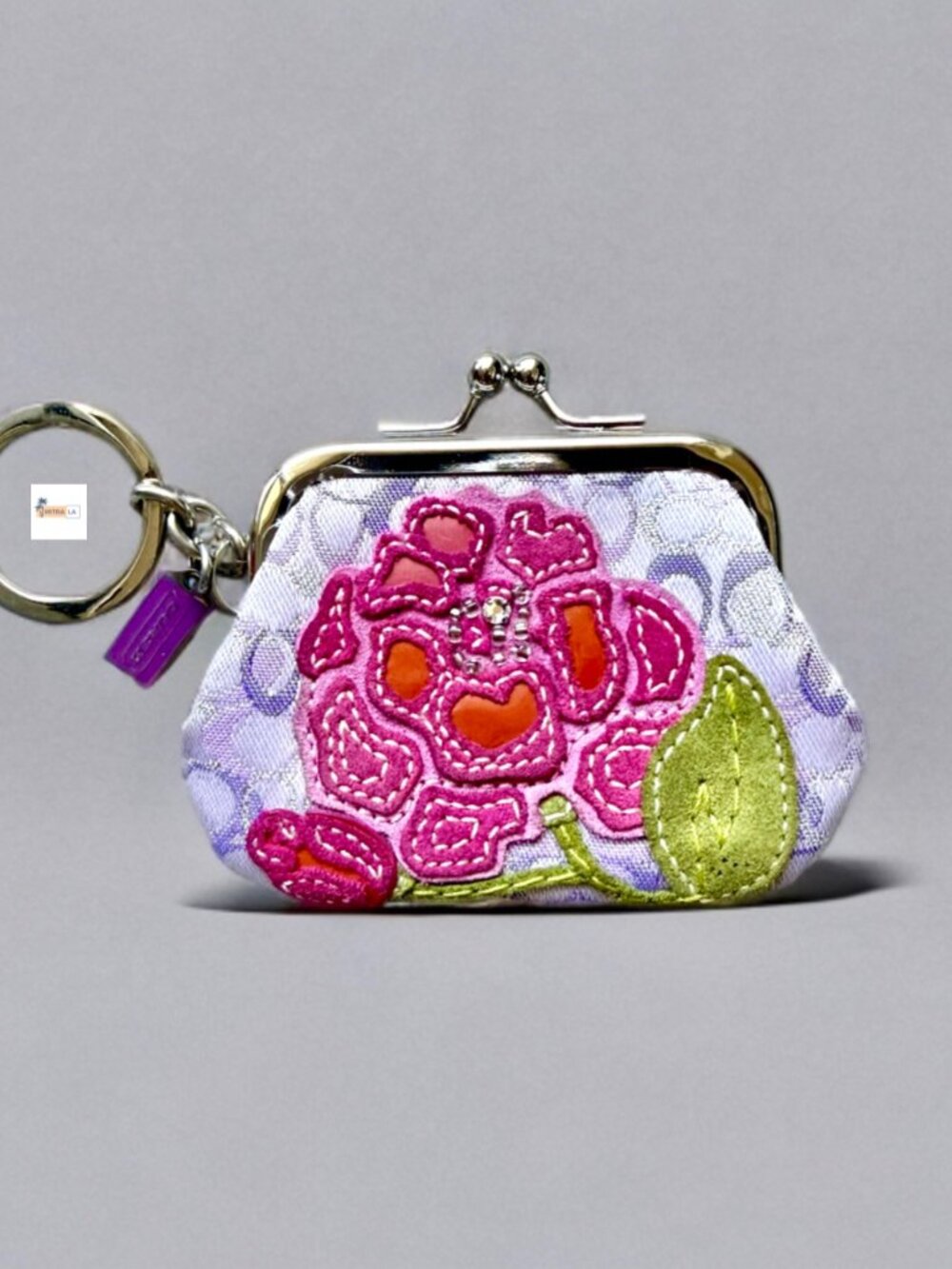 Coach Purple Optic Signature Lurex Suede Patent Leather Rhinestone Flower Purse